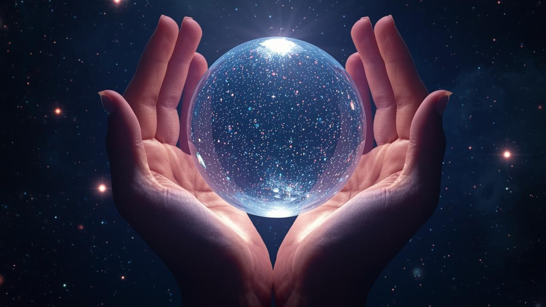 Hands Holding Cosmic Crystal Sphere