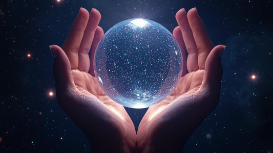 Hands Holding Cosmic Crystal Sphere