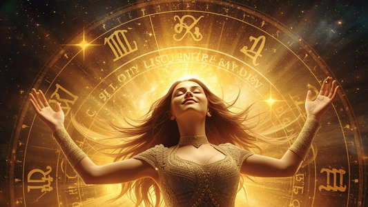 Radiant Woman Embracing Zodiac Light