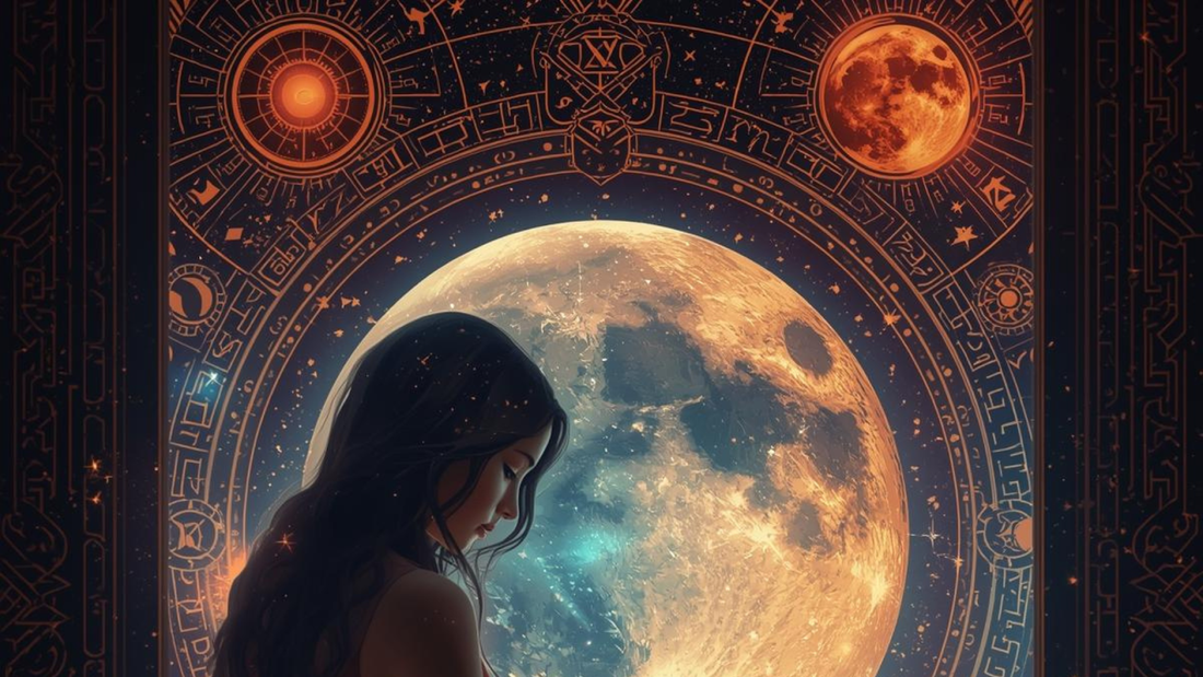 Reflective Woman With Planets and Zodiac Wheel