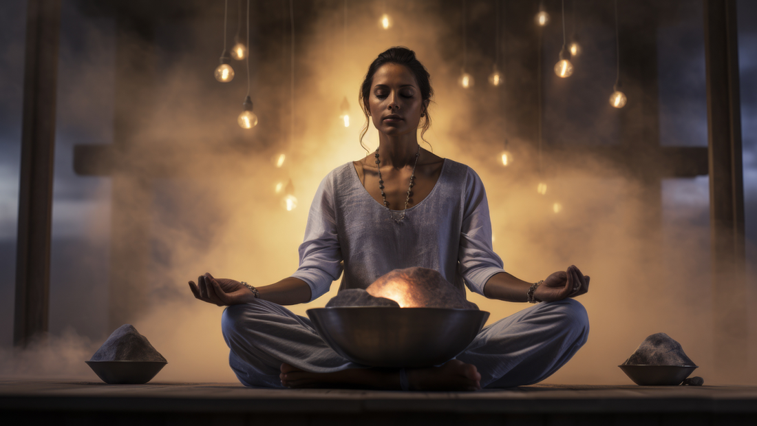 Woman Meditating With Crystals Glowing