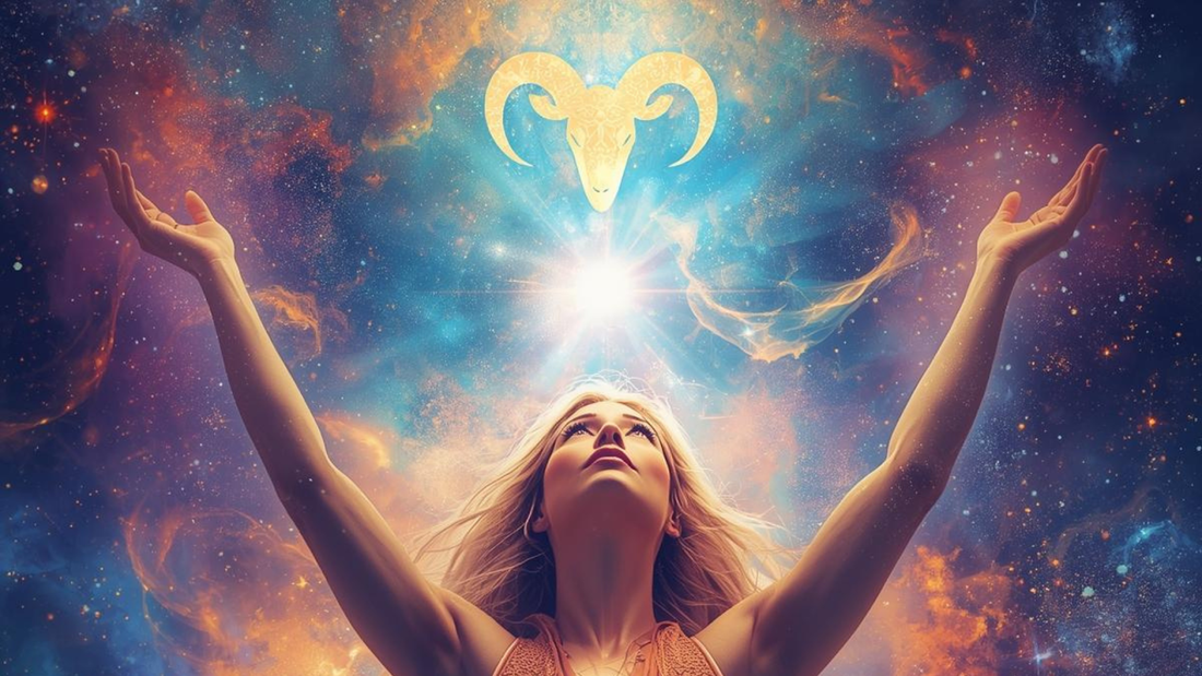 Woman Reaching Toward Aries Zodiac Symbol in Cosmic Light