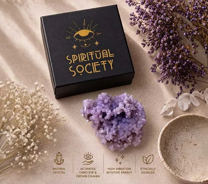 Grape Agate cluster beside the Spiritual Society gift box
