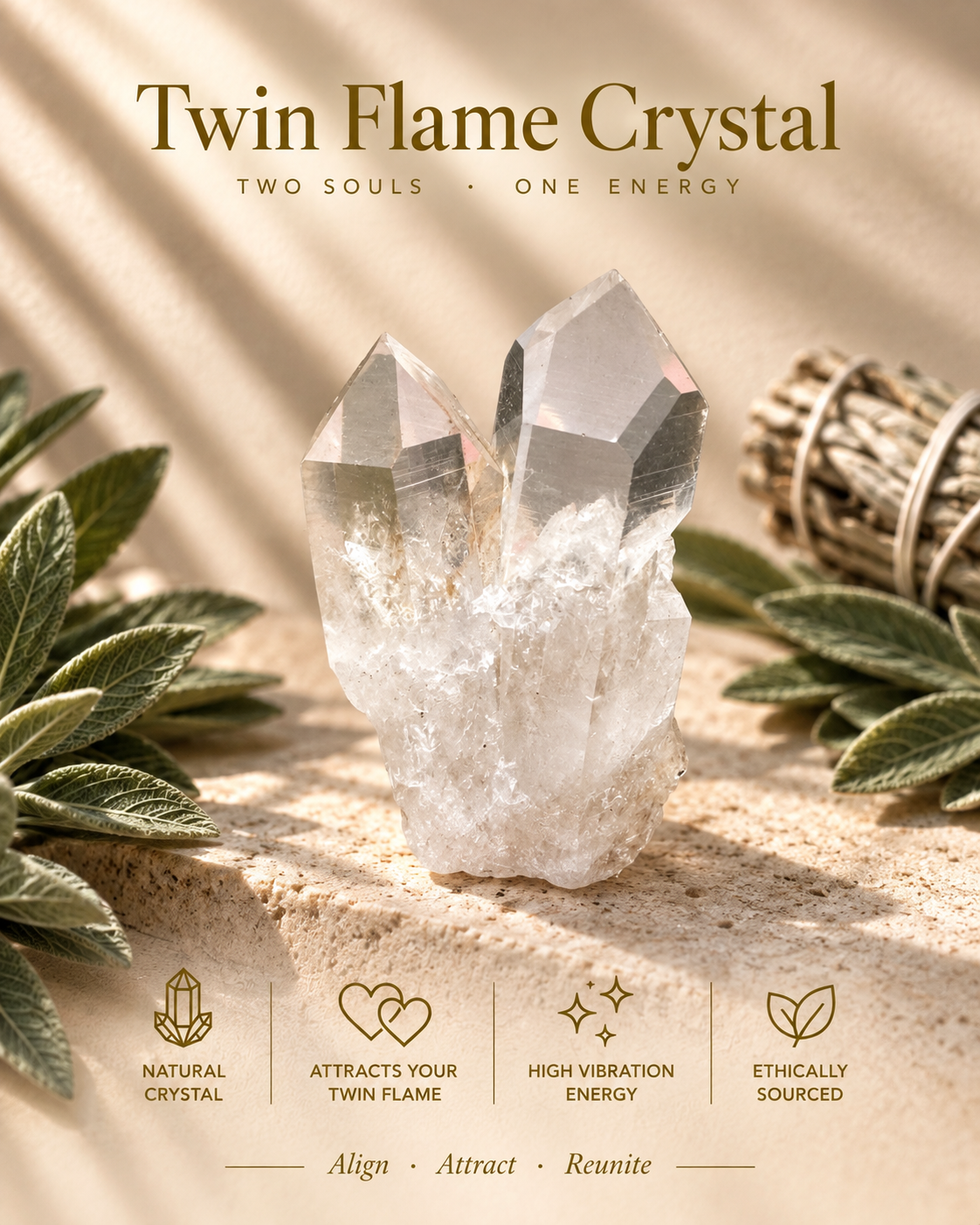 Twin Flame Crystal — natural double-point quartz, sunlit sage styling and product benefits