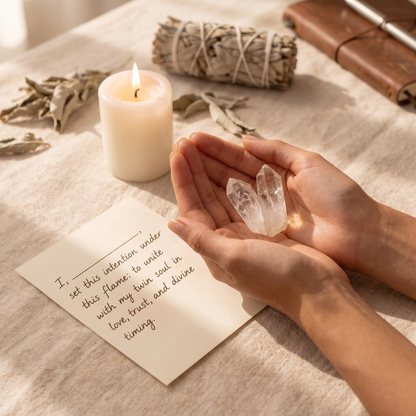 A close-up of two hands holding two clear crystal points over a linen surface, with a lit white candle, a small handwritten note, dried leaves, a bundle of white sage, and a brown journal in the background.