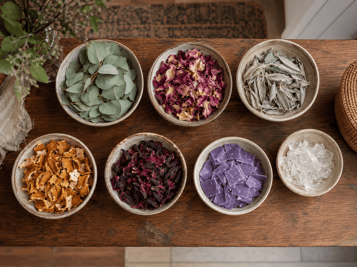 Devotion Spell Jar ingredients: eucalyptus, rose, sage, orange peel, hibiscus, purple wax and quartz