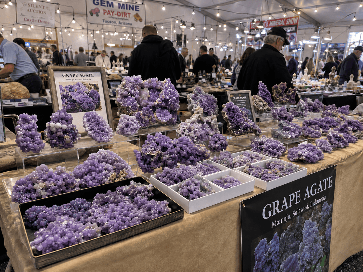 Grape Agate clusters on display at the Tucson Gem Show